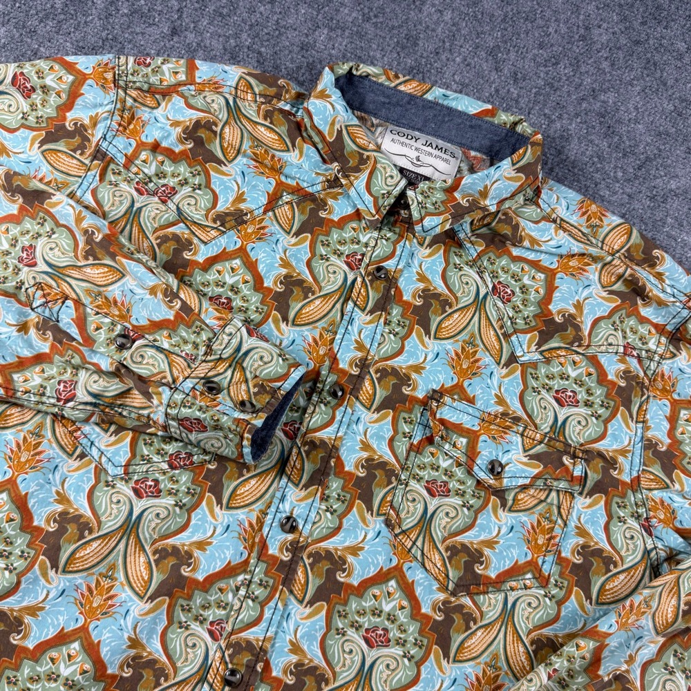 Cody James Western Shirt Mens XL Orange Paisley Snap Button Long Sleeve Rodeo